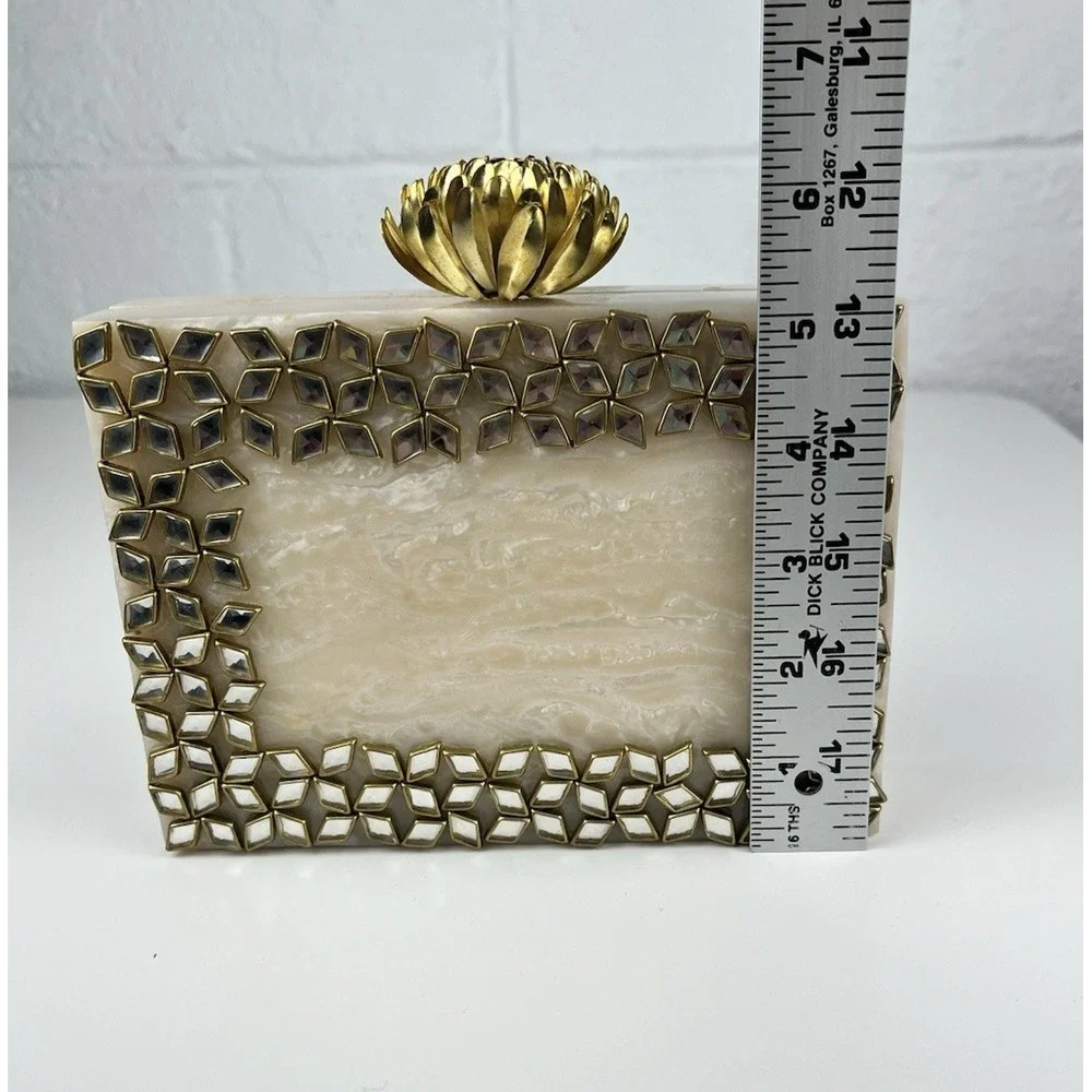 Kundan Mirror Rhinestone Clutch Resin Cream Marble Gold Tone Chain Boho Flower